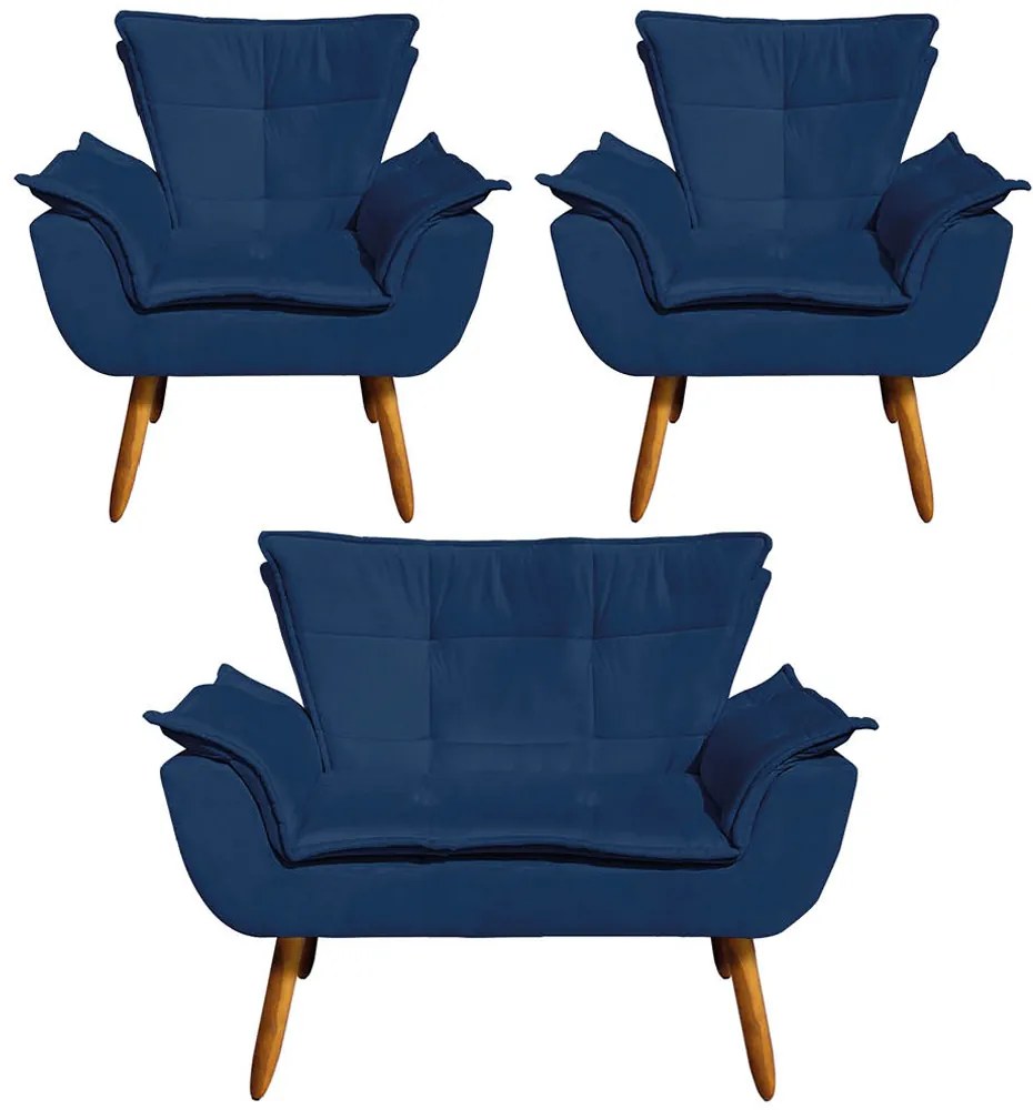 Conjunto 2 Poltronas e 1 Namoradeira Pés Palito Charger Suede Azul Marinho G19 - Gran Belo