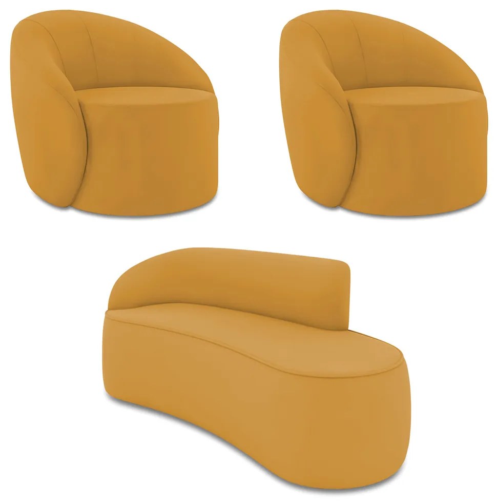 Sofá 3 Lugares Orgânico 180cm Morgan e 2 Poltronas Lua Veludo Mostarda D03 - D'Rossi