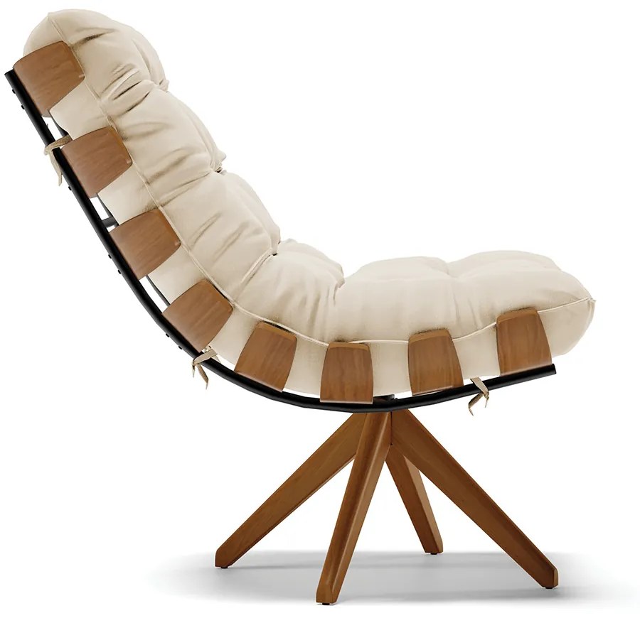 Poltrona Giratória Costela Suede Bege Base de Madeira MM30 M11 - D'Rossi