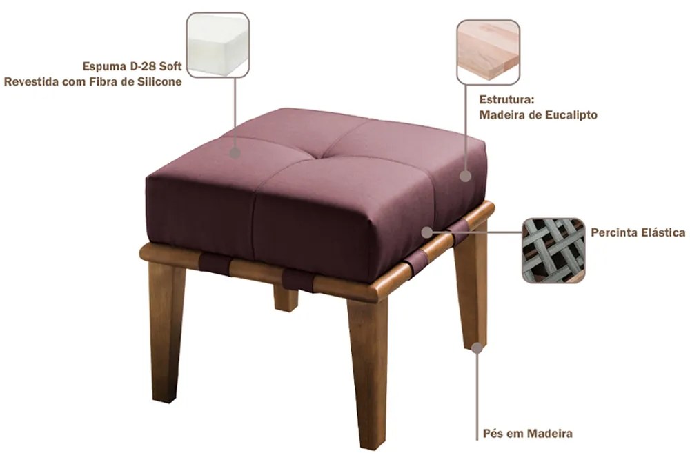 Puff Decorativo 45cm Martínez Veludo Pés Madeira Rosa/Mel G62 - Gran Belo