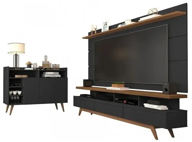 Conjunto Rack E Painel Vivare 1.8 Wood E Buffet Celta Black/Freijó - Giga Móveis