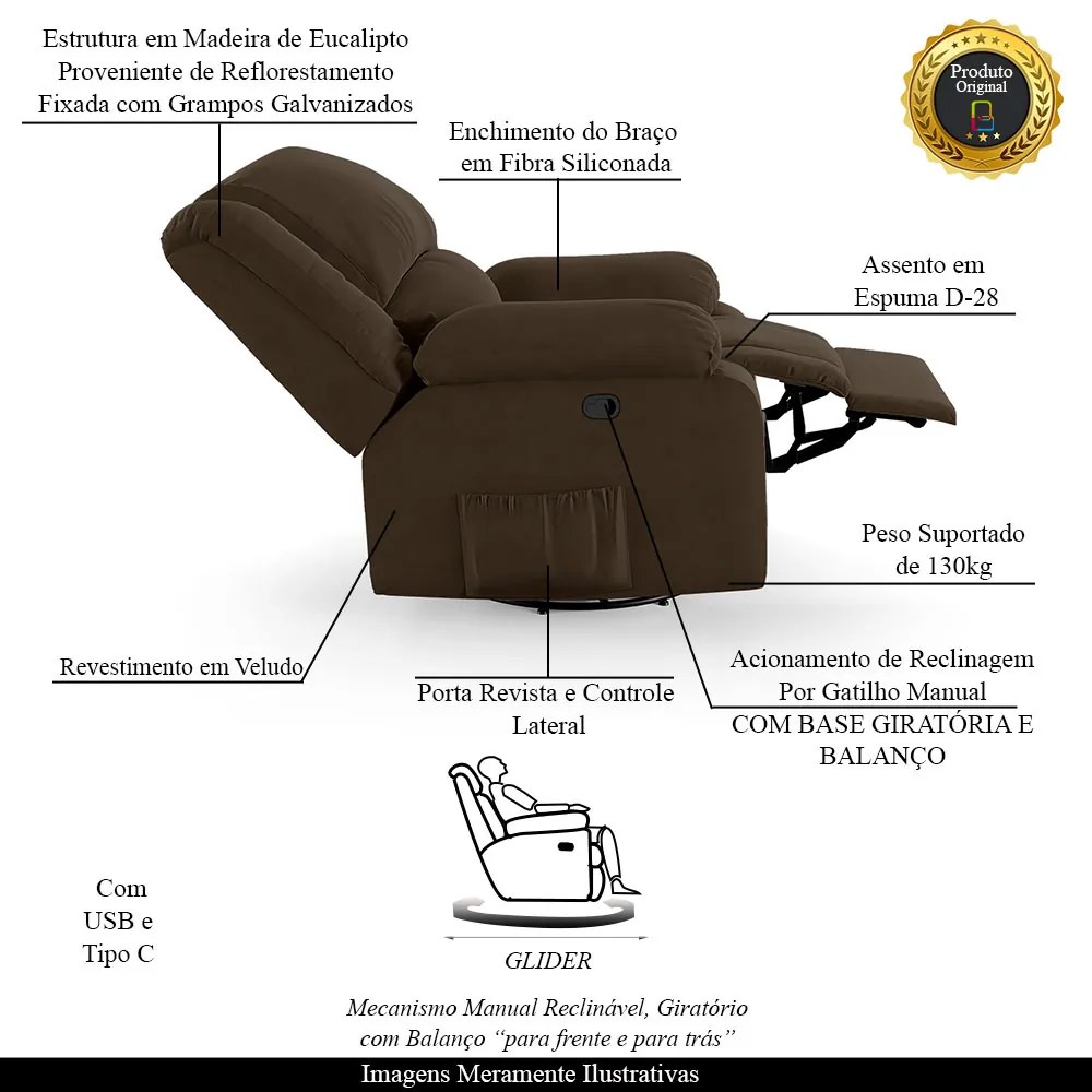 Poltrona do Papai Reclinável Sala de Cinema Madrid Glider Manual Giratória USB Veludo Marrom G23