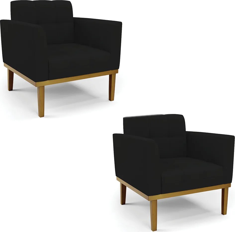 Kit 2 Poltronas Decorativas Karen Pés Fixo em Madeira Castanho Linho Preto G19 - Gran Belo