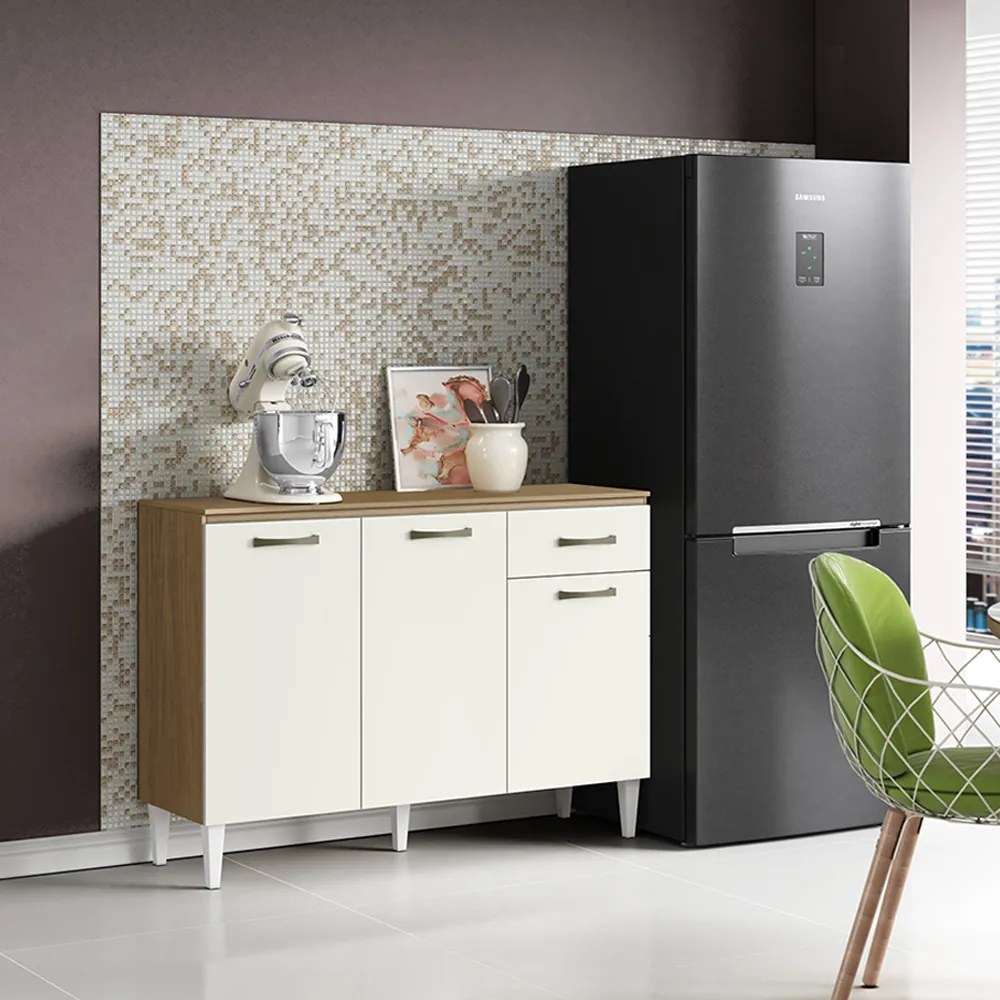 Balcão Cozinha com Tampo 120cm 3 Portas Joana A09 - D'Rossi - Atacama e Off White