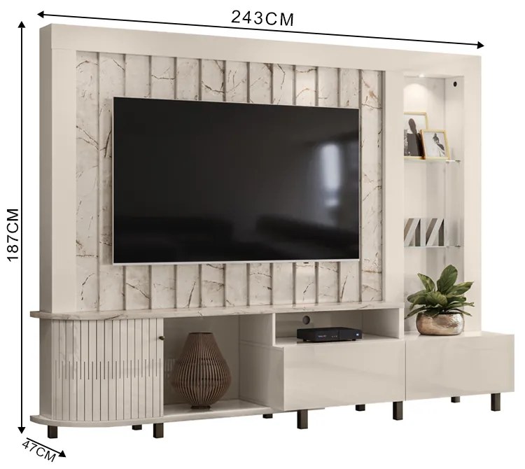 Estante de TV 70 Pol 243cm Ripado Sala de Estar Nivora M20 - D'Rossi - Calacata e Off White