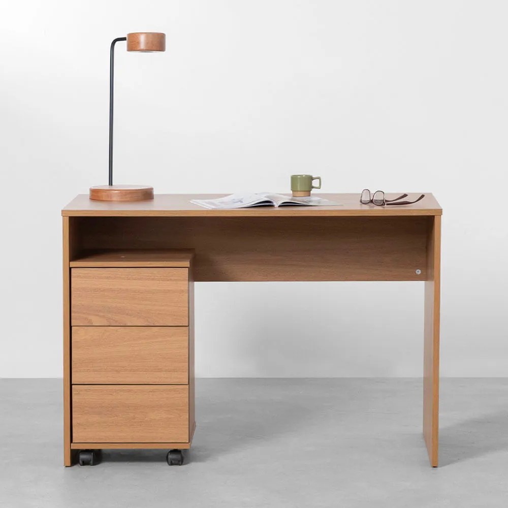 Conjunto Office - Bancada Contemporânea Slim Freijó - 1,10m + Gaveteiro Contemporâneo Slim 3 gavetas Freijó - 40cm - Conjunto Bancada Contemporânea Slim Freijó - 1,10m + Módulo Contemporâneo Slim 3 gavetas Freijó  - 40cm