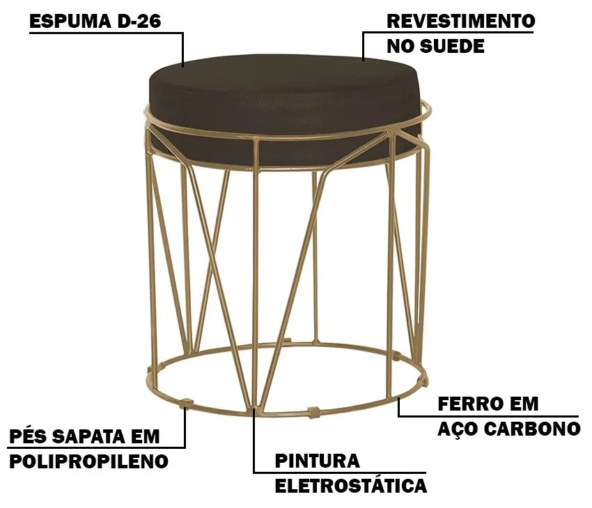 Puff Decorativo Sala de Estar Base Gold Chloe Suede Marrom G41 - Gran Belo