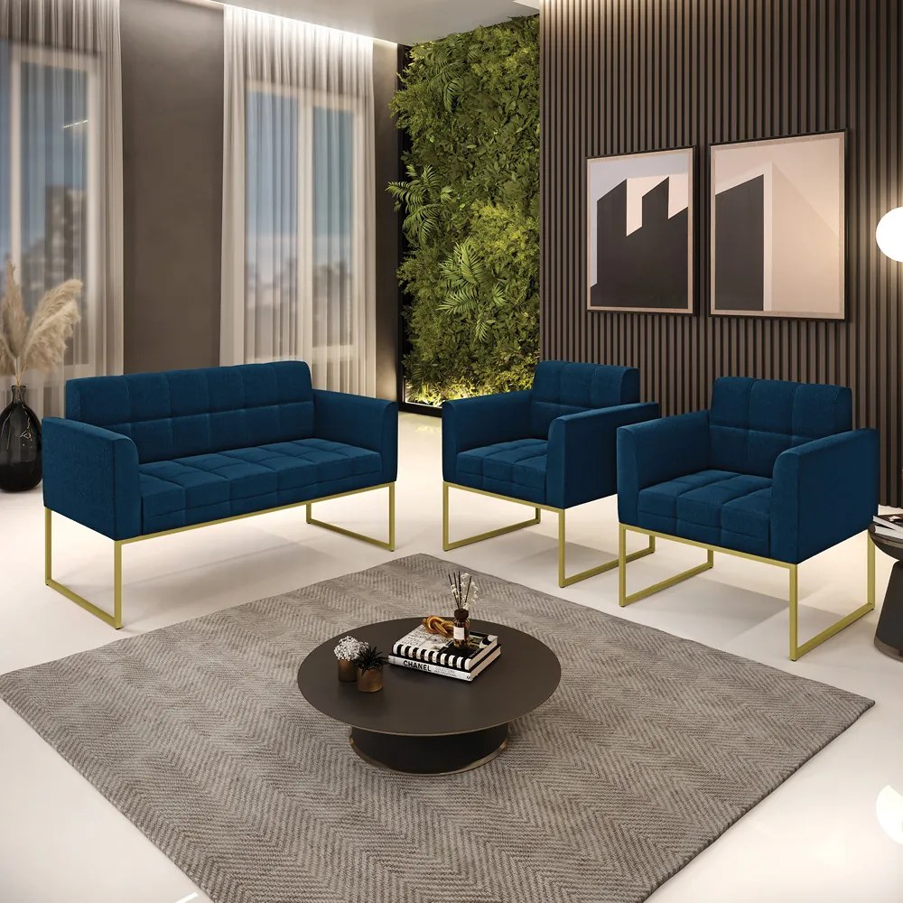 Namoradeira e 2 Poltronas Industrial Dourado Elisa Bouclê D03 - DRossi - Azul