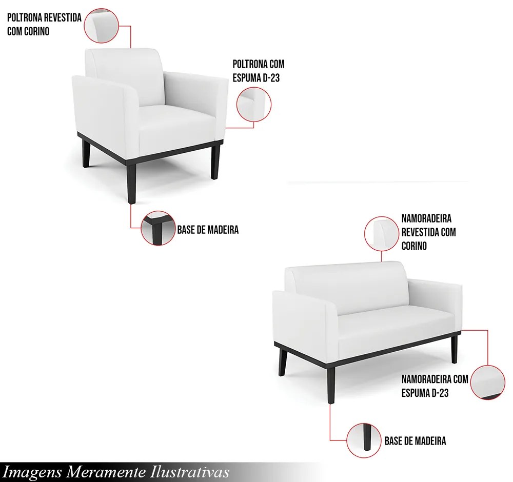 Conjunto 2 Poltronas e 1 Namoradeira Decorativa Isabella Pés Fixo em Madeira Preto PU Branco G19 - Gran Belo