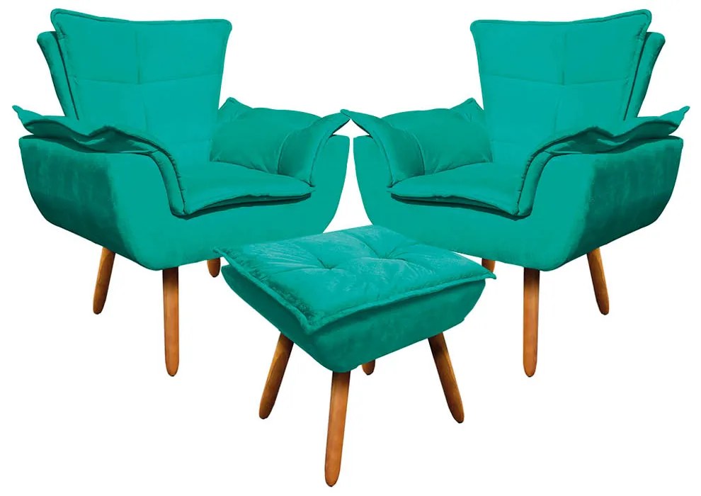 02 Poltronas e 01 Puff Pé Palito de Madeira Opala Suede - Verde Turquesa