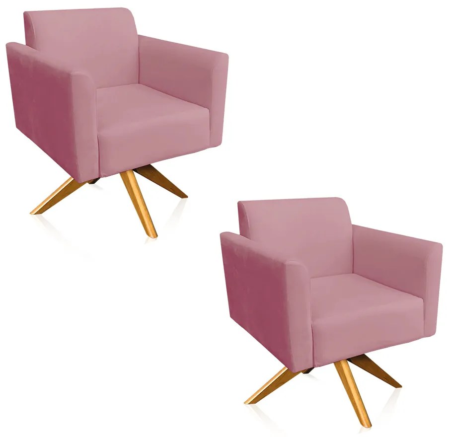 Kit 02 Poltronas Giratória Marisa Suede Rosê Base Madeira MA30