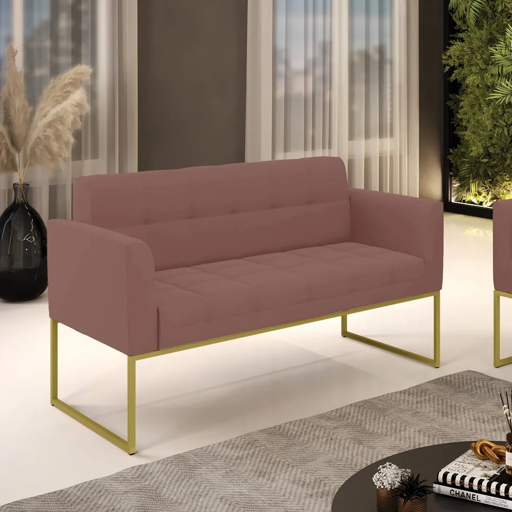 Sofá Namoradeira Elisa Veludo Rosê Base Metálica Industrial Dourado - D'Rossi