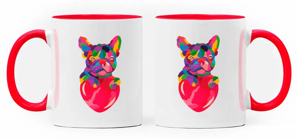 Caneca Cachorro Colorido Bulldog Nerd Branca com Alça Vermelha