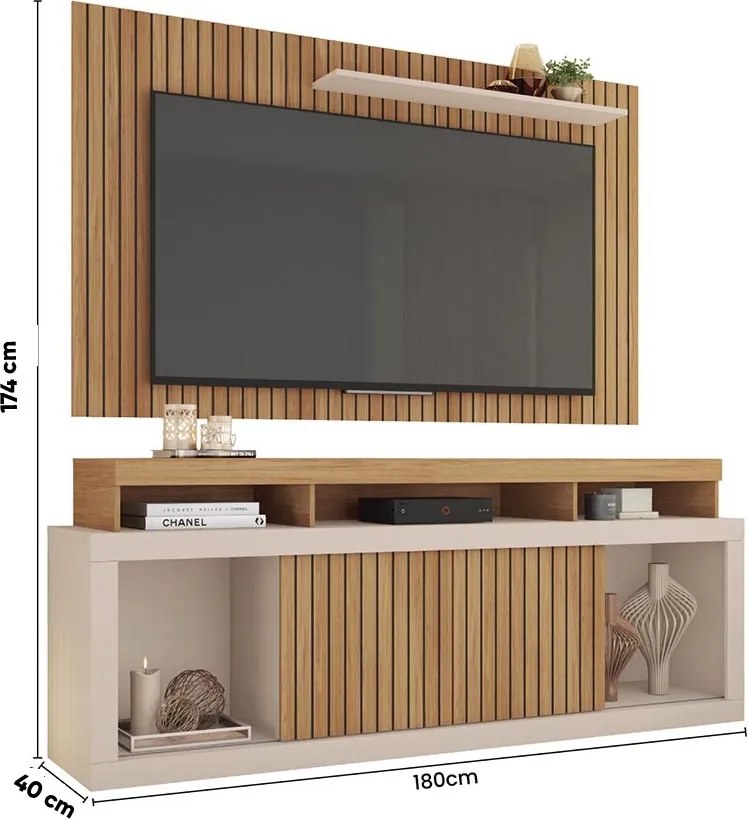 Painel TV 60 Pol 180cm e Bancada com Rodízio Sala Navel C01 - D'Rossi - Buriti/Off White