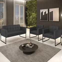Sofá Namoradeira e 2 Poltronas Base Industrial Preto Ana Sintético Pre