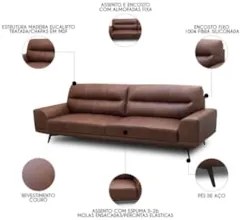 Sofá 3 Lugares Para Sala Living 216cm Niton L08 Couro Marrom - Mpozena