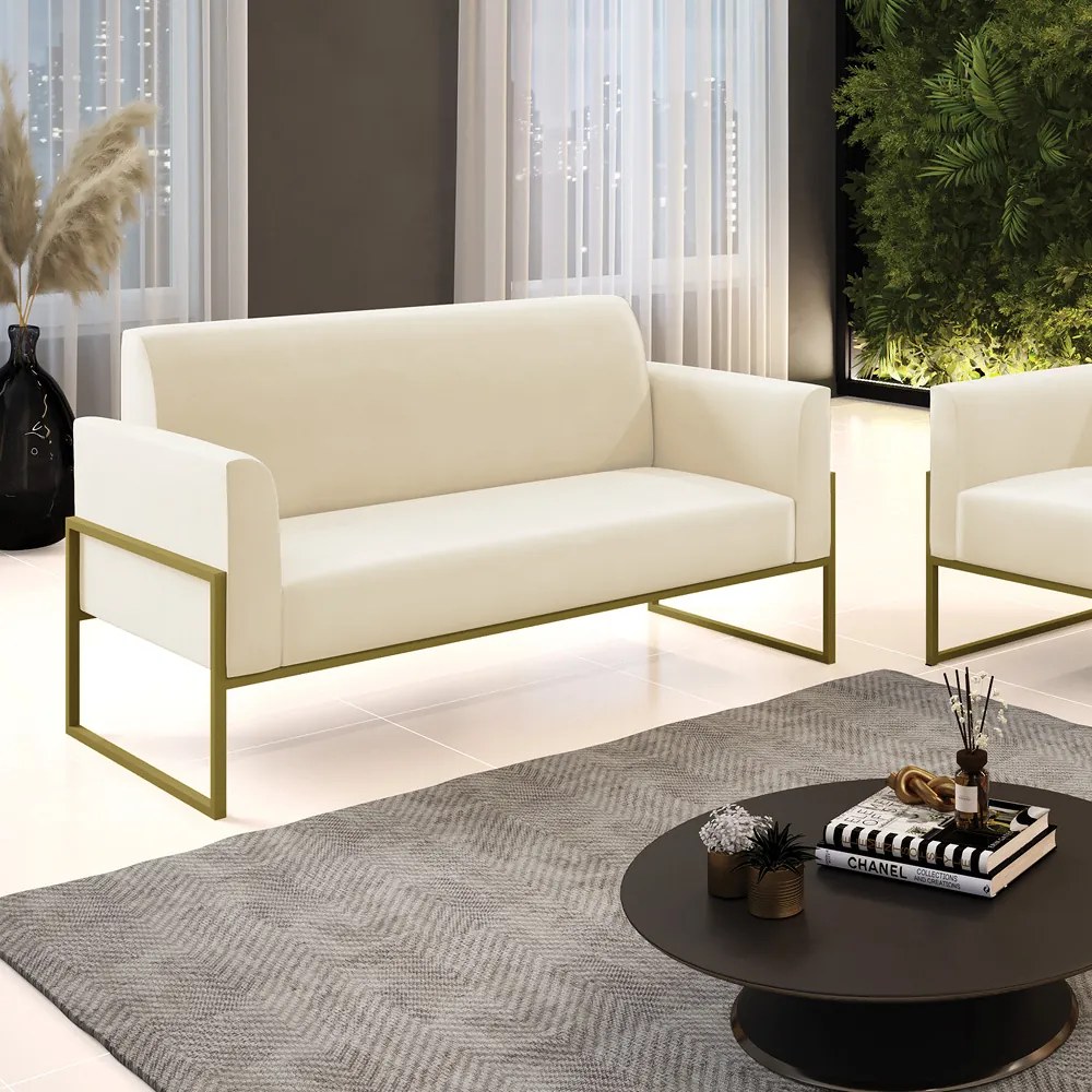 Sofá Namoradeira Base Industrial Alta Dourado Marisa Veludo D03 - DRossi - Bege