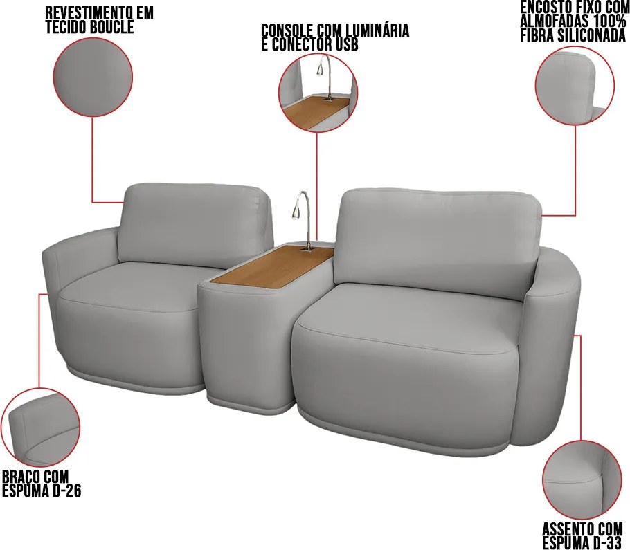 Sofá Sala Modulado 231cm com Console USB Luminária Brumma Bouclê K01 - D'Rossi - Cinza