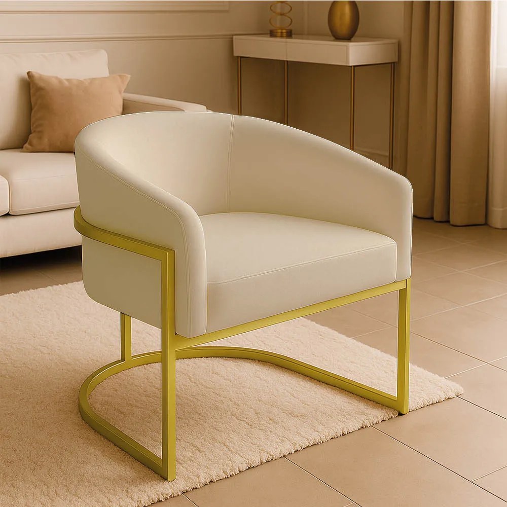 Poltrona Sala Decorativa Industrial Dourada Arielle Suede - Bege