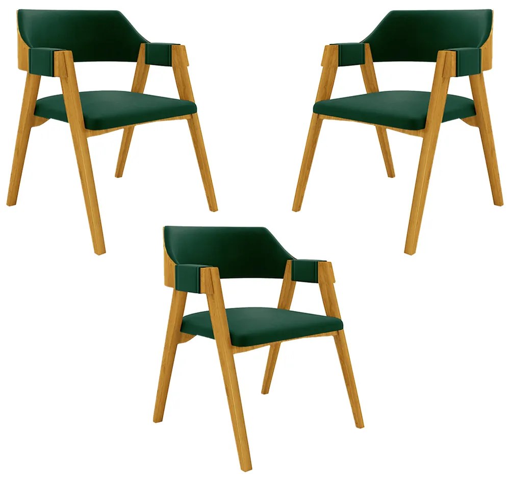 Kit 3 Cadeiras Sala de Jantar e Jogos Carteados Madeira Maciça Poker Veludo Verde/Mel G42 - Gran Belo