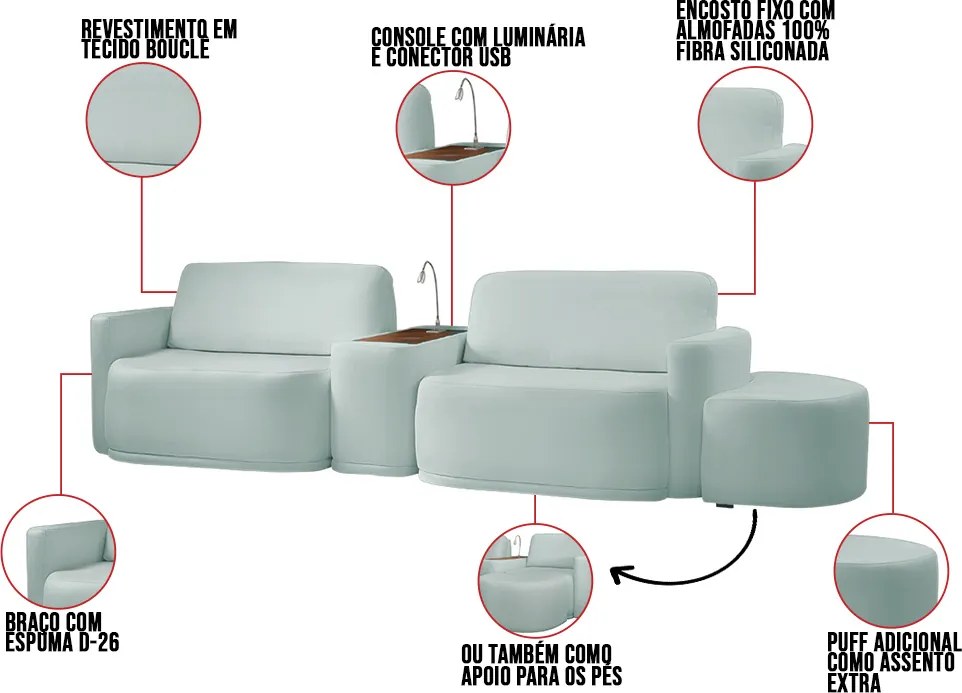 Sofá Sala Modulado 319cm com Puff Console USB Luminária Brumma Bouclê K01 - D'Rossi - Azul