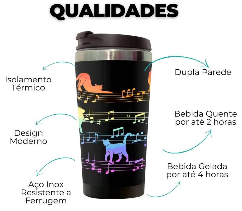 Copo Térmico 500ml Inox Preto Gato Musical