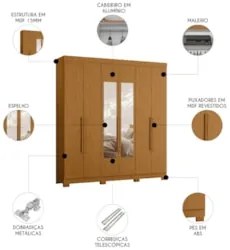 Guarda Roupa Casal 200cm com Espelho Viny A02 Cinamomo - Mpozenat