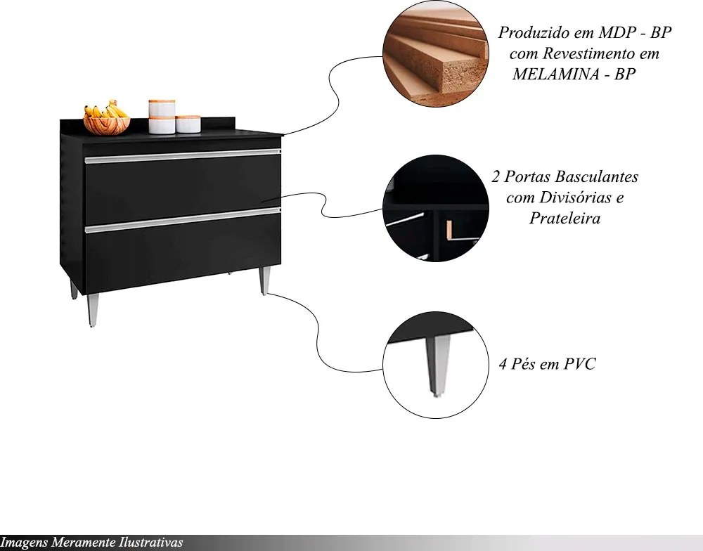 Balcão de Cozinha com Tampo Wollo MDP/BP Preto G96 - Gran Belo