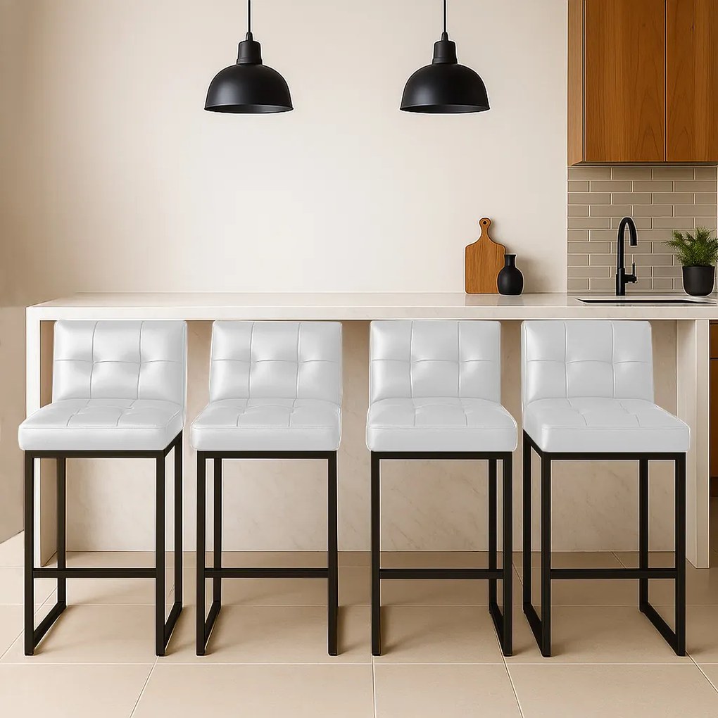 Banqueta Cozinha Alta com Encosto Industrial Kit 4 Preto Lirina PU Branco C05 - D'Rossi