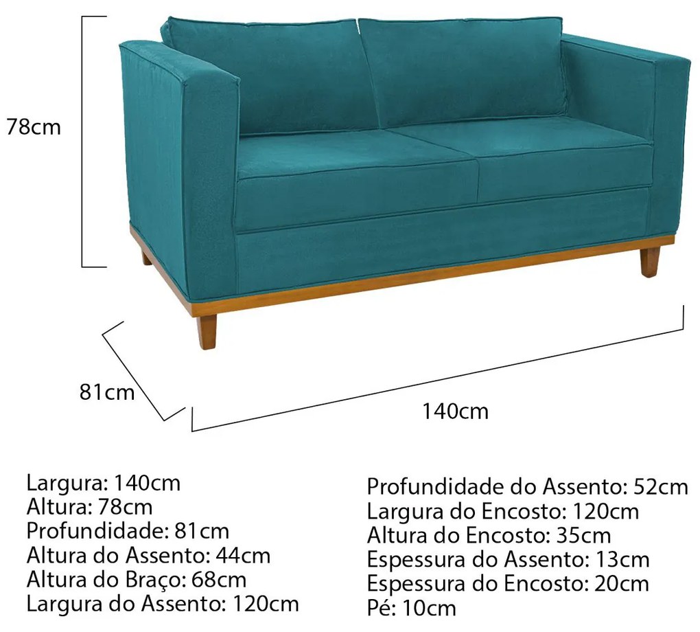 Kit Sofá 2 Lugares e Poltrona Europa Suede Azul Turquesa ADJ Decor