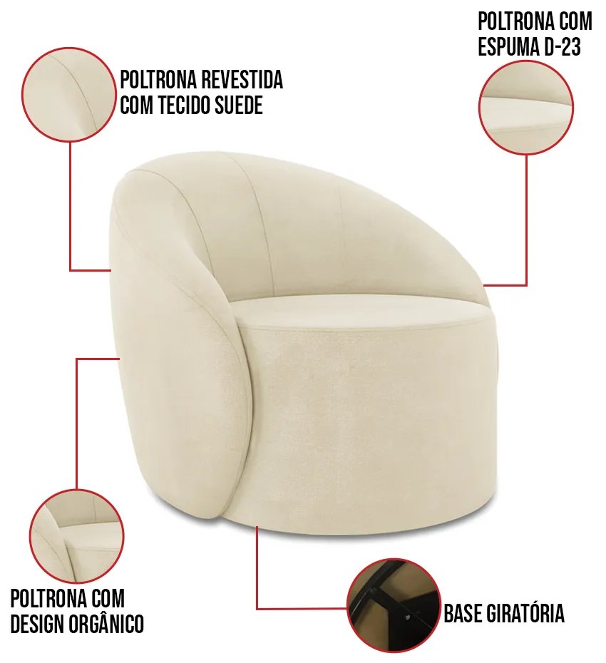 Poltrona Decorativa Orgânica Giratória Lua Suede D03 - D'Rossi - Bege