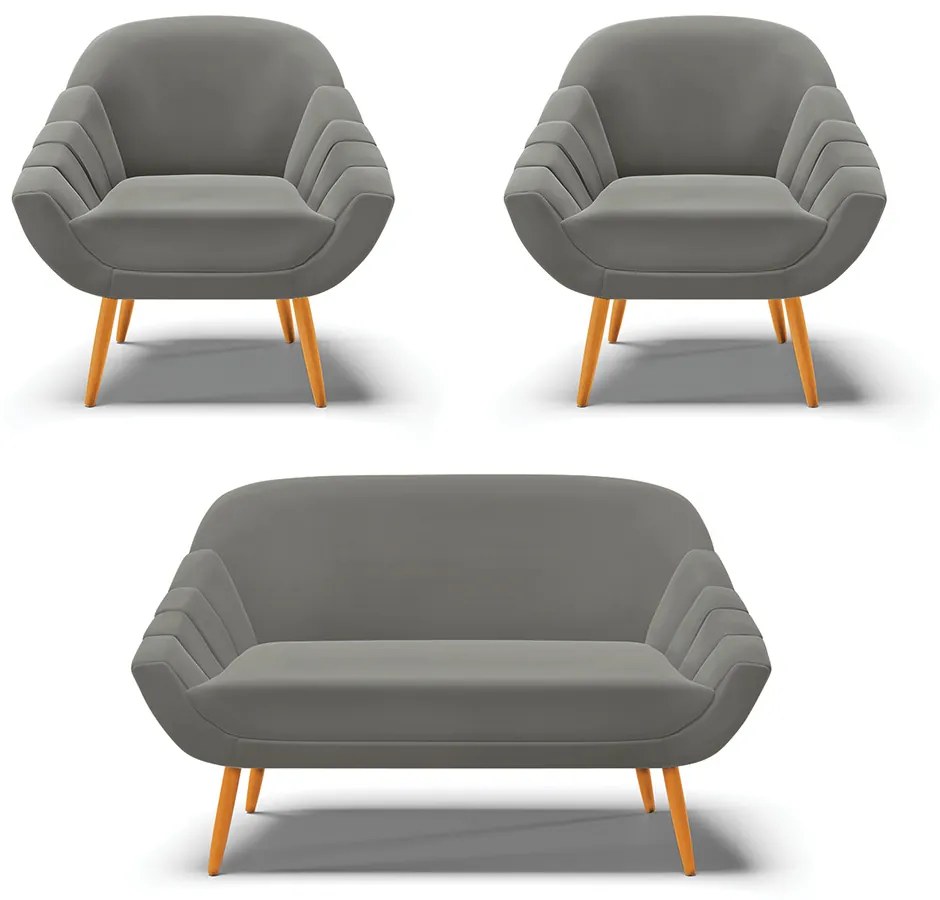 Kit 01 Namoradeira 02 Lugares e 02 Poltronas Giovana Suede Grafite Pés Palito Castanho - Indo Decorar
