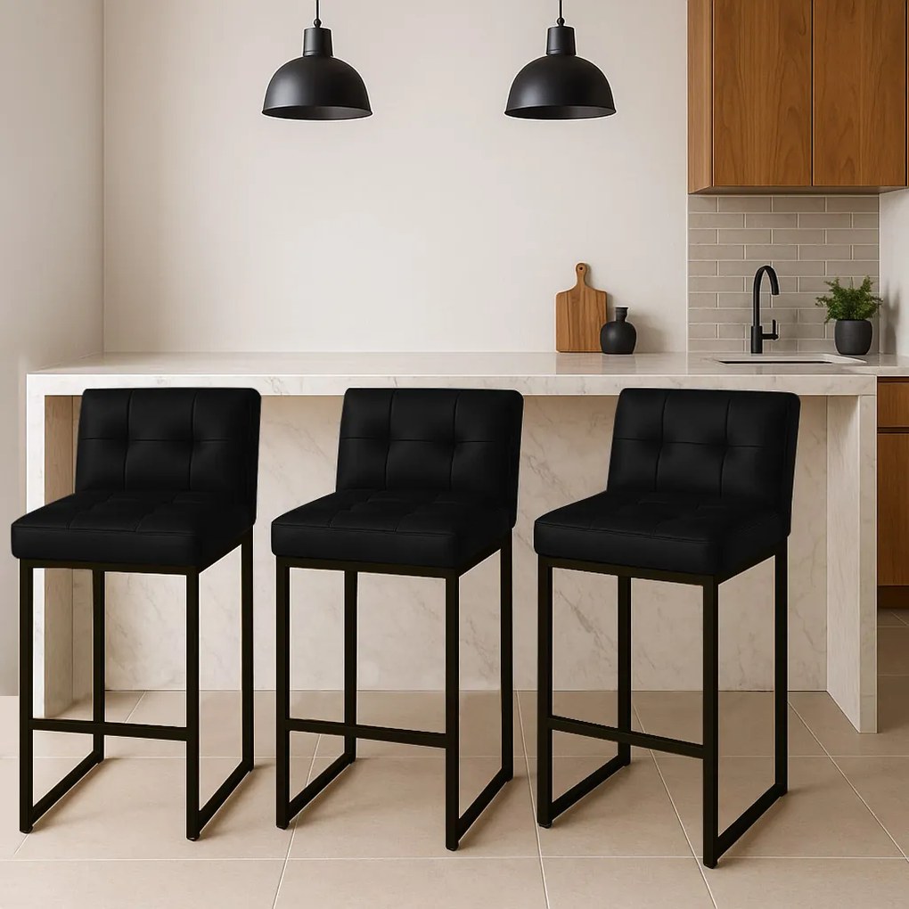 Banqueta Cozinha Alta com Encosto Industrial Kit 3 Preto Lirina PU C05 - D'Rossi - Preto