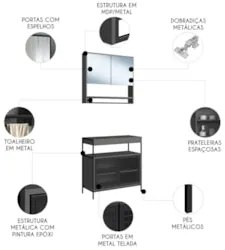 Gabinete de Banheiro Liny 80cm e Espelheira Moscow Grafite Z54 - Mpoze