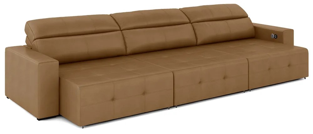 Sofá Retrátil 4 Lugares 284cm 3 Módulos Nero com USB Couro Caramelo G52 - Gran Belo