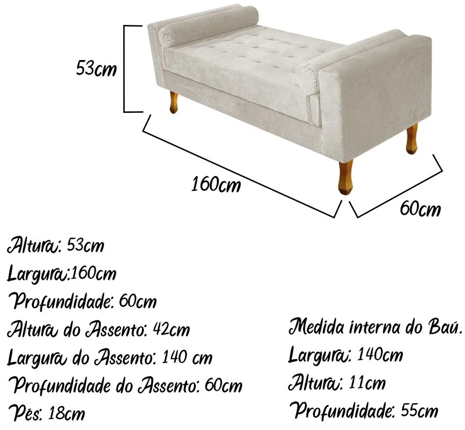 Recamier Baú Félix Queen Size 160cm Suede Bege - ADJ Decor