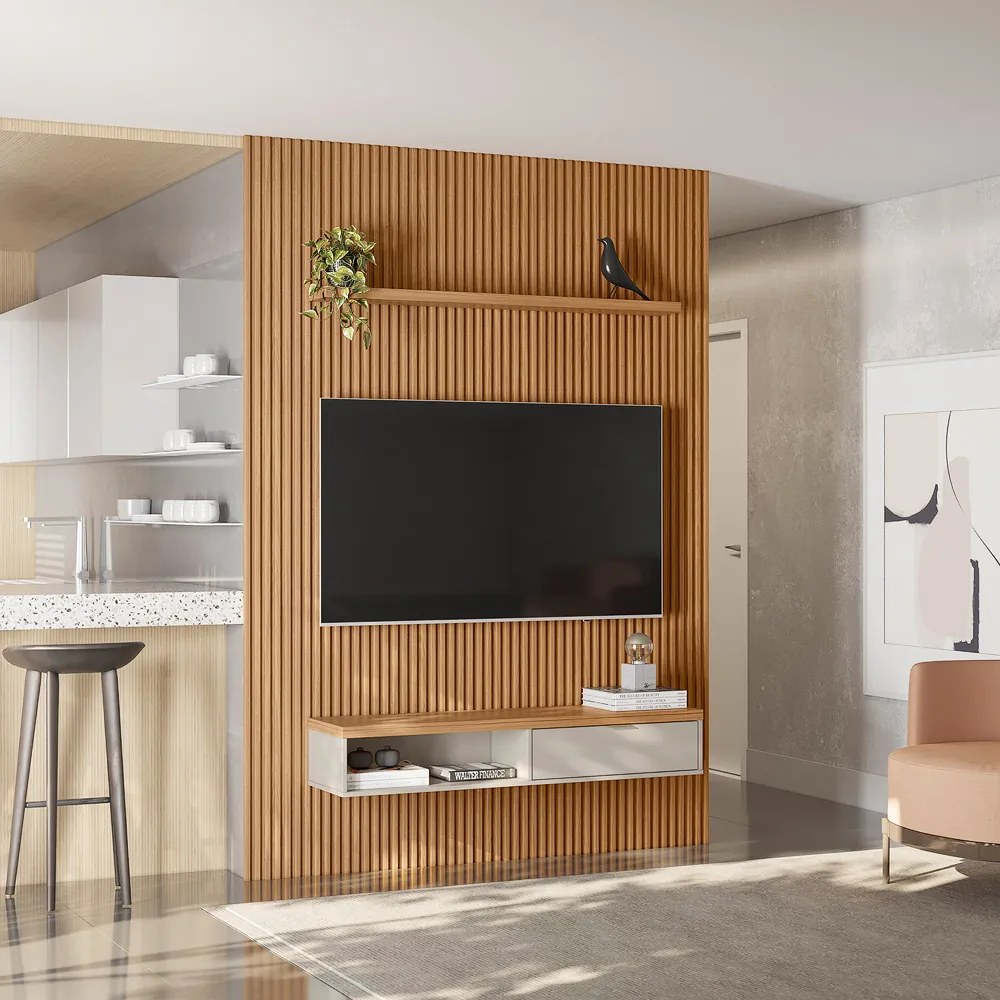 Painel para TV até 75 Polegadas Ripado Marisa com Nicho Bancada Nature e Off White 180x250 cm L04 - D'Rossi