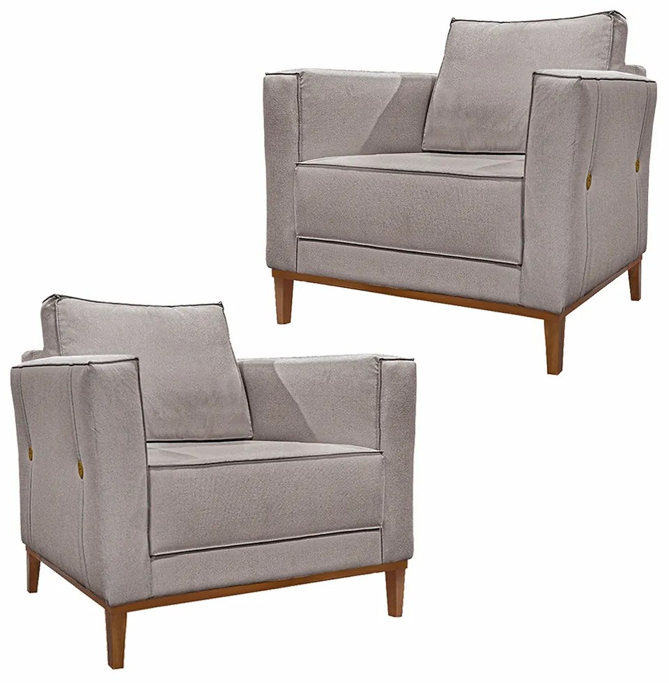 Kit 2 Poltronas Decorativas Pés em Madeira Tarantino Linho Areia Rústico G63 - Gran Belo
