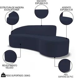 Sofá Living 3 Lugares 210cm Braço Esquerdo Mozart D06 Veludo Azul - M