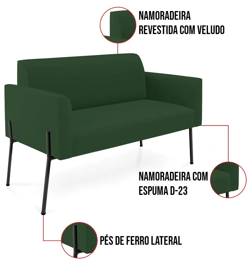 Sofá Namoradeira 2 Lugares Pé de Ferro Preto Marisa Veludo D03 - D'Rossi - Verde