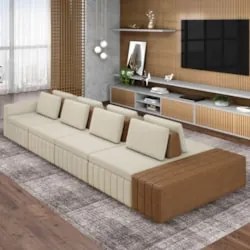 Sofá Ilha e Puff Sala Living 425cm Siesta M22 Linho Areia/Marrom - Mpo
