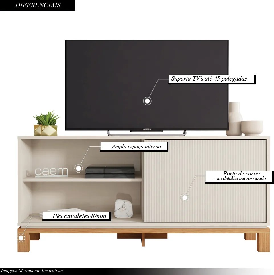 Bancada Átomo 136cm para TV até 45 com Porta de Correr Ripada MDP OffWhite/Freijo G11 - Gran Belo