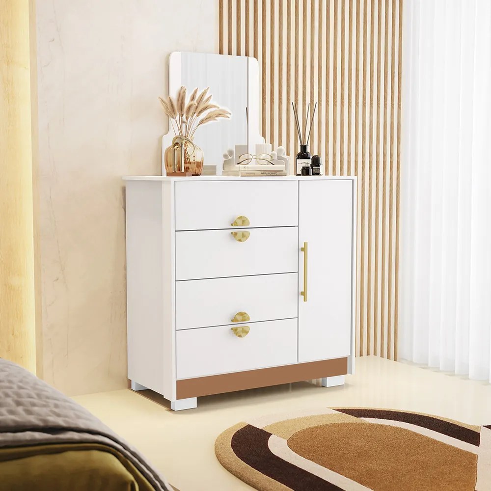 Cômoda Sapateira Flex Vollard 4 Gavetas 1 Espelho 1 Porta e Prateleira Branco/Terracota G98 - Gran Beloo