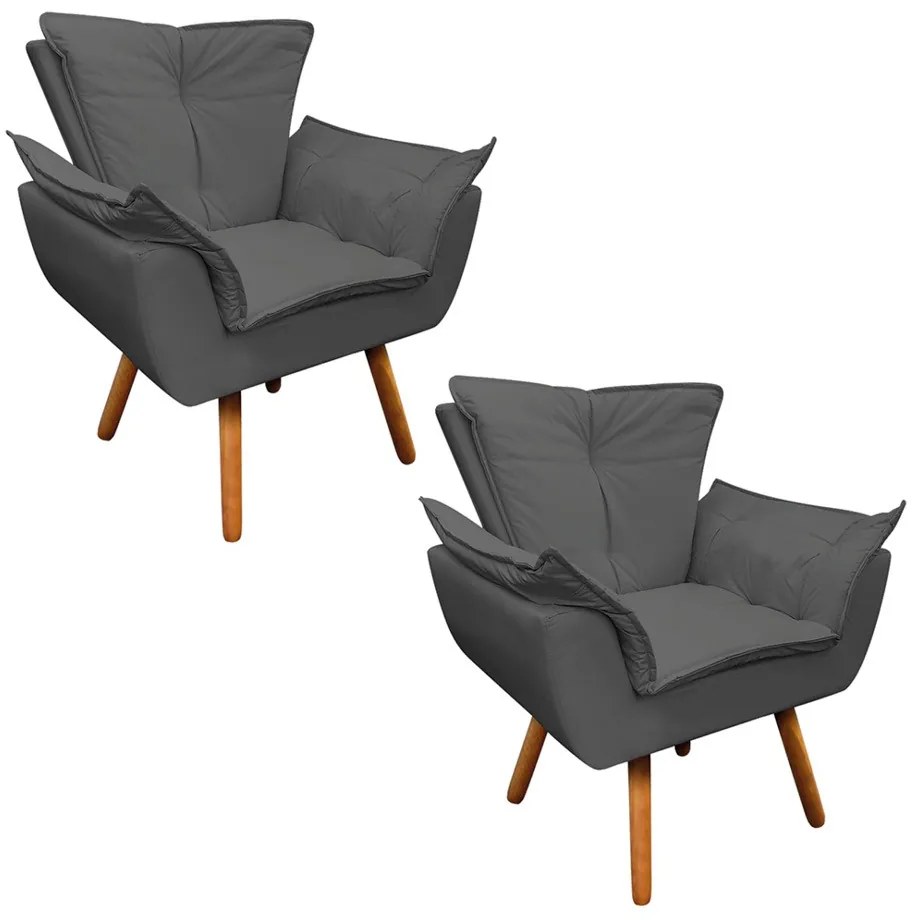 Poltrona Sala de Estar Pé Palito de Madeira Kit 2 Opala Corino - Grafite