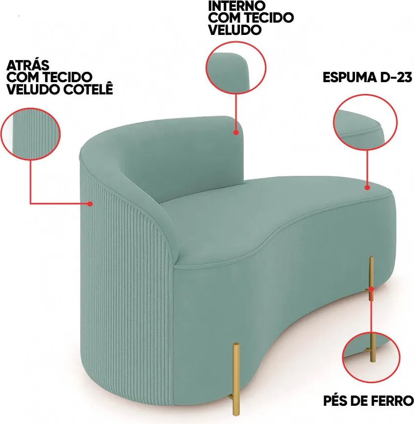 Sofá 3 Lugares Orgânico 180cm Pé Dourado Morgan Veludo/Cotelê - Menta