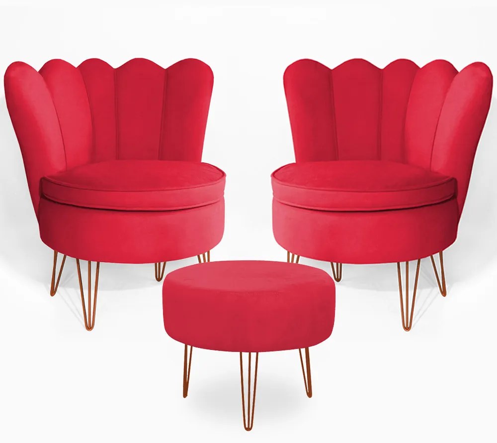 Conjunto 2 Poltrona Dália com Puff Chloe Pés Hairpin Legs Bronze Veludo Vermelho