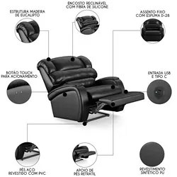 Poltrona do Papai Reclinável Kalie Power Touch USB FH9 PU Preto Brilho
