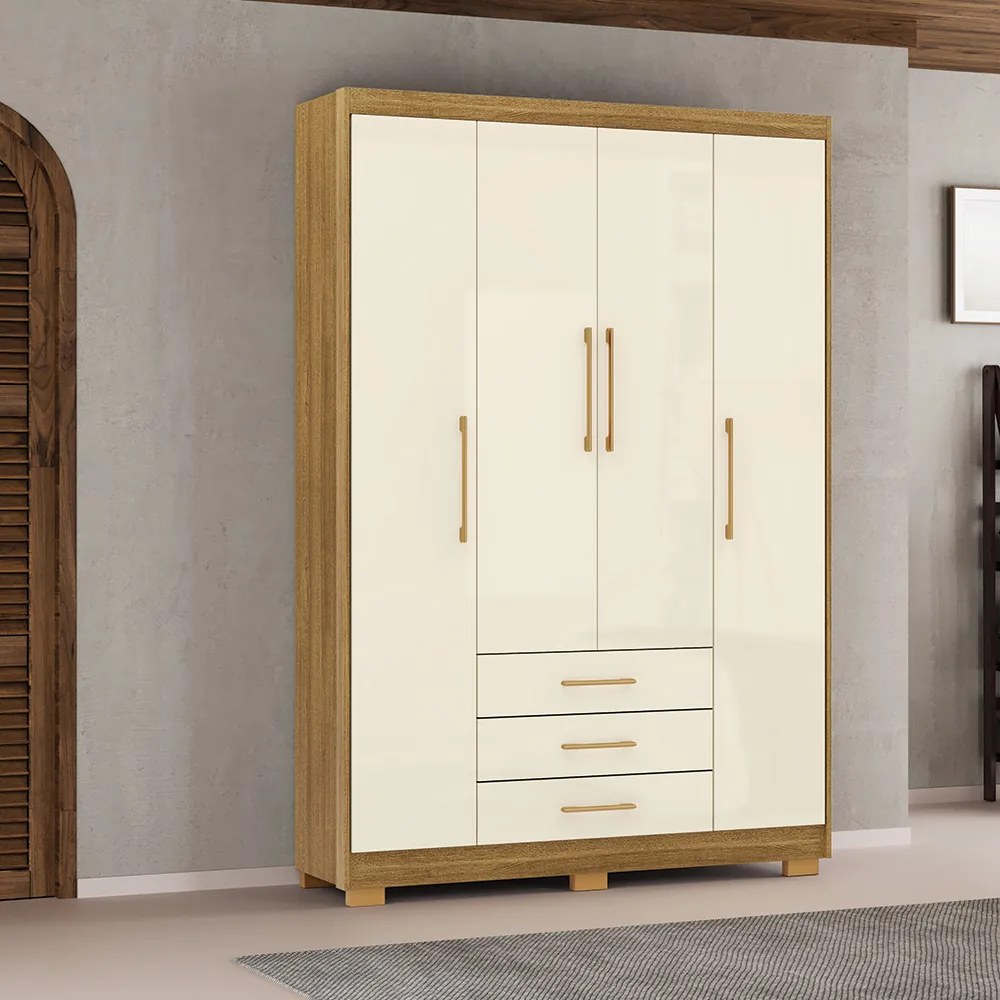 Guarda Roupa Solteiro Linna 150cm 4 Portas de Bater 3 Gavetas Nature/OffWhite G98 - Gran Belo