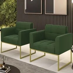 Poltrona Base Industrial Dourado Kit 2 Ana Suede Verde - Ibiza