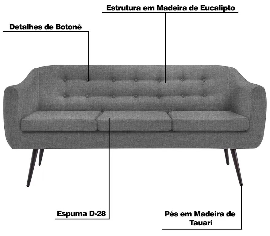 Sofá Decorativo 3 Lugares Pés Palito Cuddle Linho Cinza G17 - Gran Belo